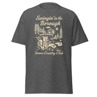 Queens Country Club T-shirt featuring vintage-style golf squirrel mascot driving a golf cart with NYC skyline, Unisphere, and Queensboro Bridge in background. Swingin' in the Borough golf streetwear for New York golfers