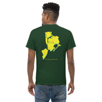 Queens Country Club T-shirt featuring minimalist front text 'Queens Country Club New York' and bold back graphic of NYC borough map with golf flags. Public golf streetwear celebrating New York City's municipal golf culture