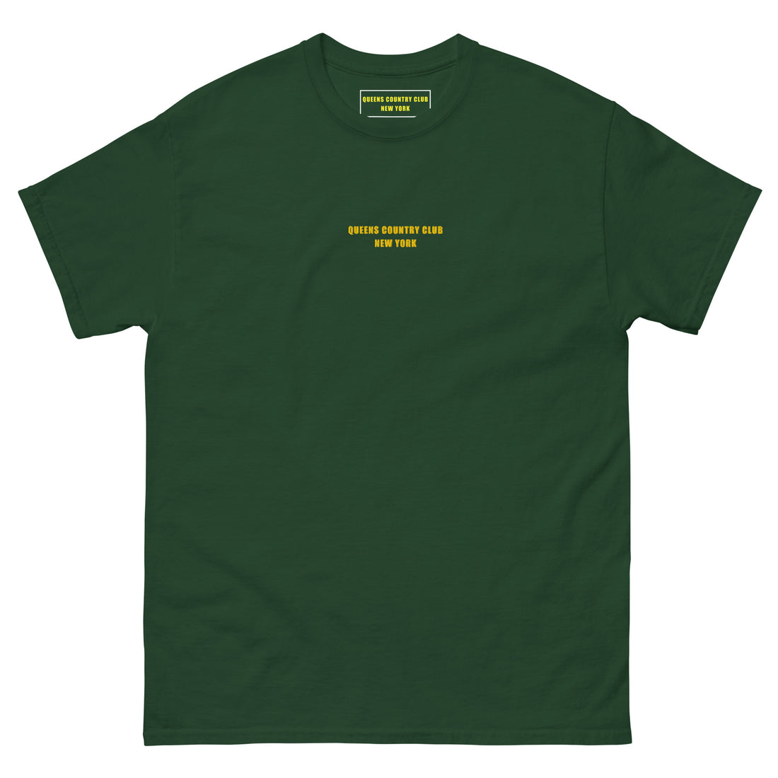 Queens Country Club T-shirt featuring minimalist front text 'Queens Country Club New York' and bold back graphic of NYC borough map with golf flags. Public golf streetwear celebrating New York City's municipal golf culture