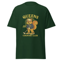 Queens Country Club Green graphic T-shirt featuring cartoon golf squirrel mascot 'Muni Squirrel' in retro golf outfit with QCC sweatshirt, standing in front of Unisphere. Golf streetwear inspired by NYC municipal courses