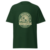 Green unisex T-shirt featuring a vintage-style graphic for the "Queens Golf Open 2025." The design includes the Unisphere at the center, surrounded by silhouettes of iconic NYC buildings, a golf ball, and a flagstick. The text "QUEENS GOLF OPEN 2025" is prominently displayed in cream and green tones within a badge-like emblem.