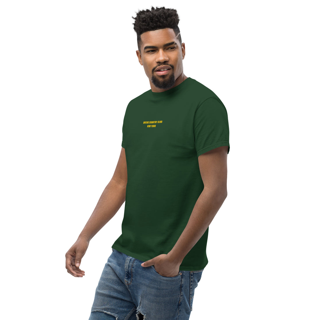 Queens Country Club T-shirt featuring minimalist front text 'Queens Country Club New York' and bold back graphic of NYC borough map with golf flags. Public golf streetwear celebrating New York City's municipal golf culture