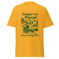 Queens Country Club T-shirt featuring vintage-style golf squirrel mascot driving a golf cart with NYC skyline, Unisphere, and Queensboro Bridge in background. Swingin' in the Borough golf streetwear for New York golfers