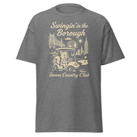 Queens Country Club T-shirt featuring vintage-style golf squirrel mascot driving a golf cart with NYC skyline, Unisphere, and Queensboro Bridge in background. Swingin' in the Borough golf streetwear for New York golfers