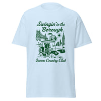 Queens Country Club T-shirt featuring vintage-style golf squirrel mascot driving a golf cart with NYC skyline, Unisphere, and Queensboro Bridge in background. Swingin' in the Borough golf streetwear for New York golfers