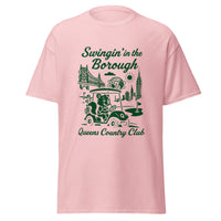 Queens Country Club T-shirt featuring vintage-style golf squirrel mascot driving a golf cart with NYC skyline, Unisphere, and Queensboro Bridge in background. Swingin' in the Borough golf streetwear for New York golfers
