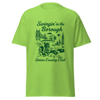 Queens Country Club T-shirt featuring vintage-style golf squirrel mascot driving a golf cart with NYC skyline, Unisphere, and Queensboro Bridge in background. Swingin' in the Borough golf streetwear for New York golfers