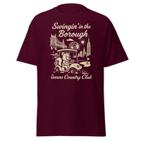 Queens Country Club T-shirt featuring vintage-style golf squirrel mascot driving a golf cart with NYC skyline, Unisphere, and Queensboro Bridge in background. Swingin' in the Borough golf streetwear for New York golfers