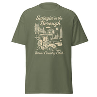 Queens Country Club T-shirt featuring vintage-style golf squirrel mascot driving a golf cart with NYC skyline, Unisphere, and Queensboro Bridge in background. Swingin' in the Borough golf streetwear for New York golfers