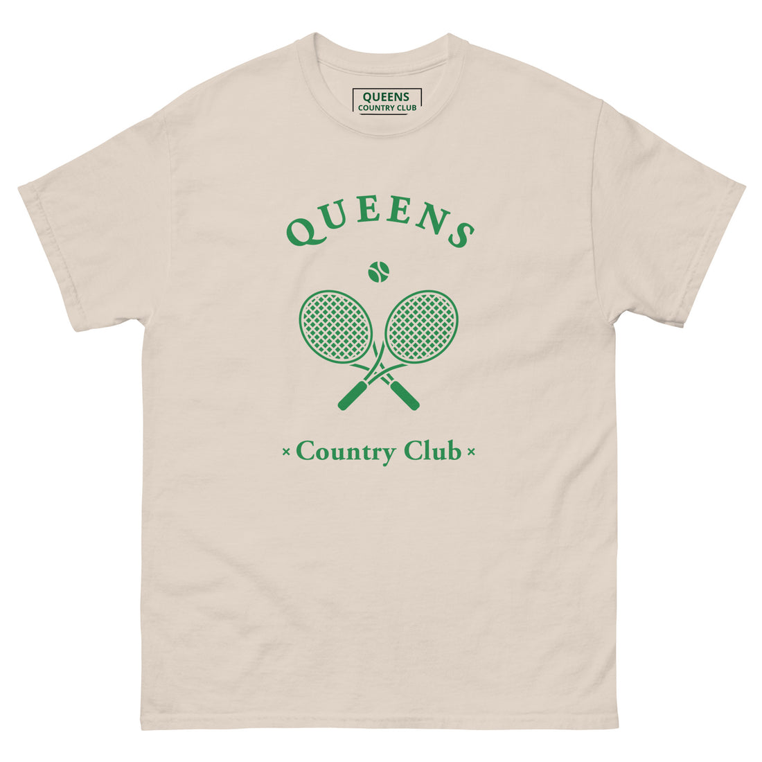 Queens Country Club T-shirt with green graphic of crossed tennis rackets and ball. Vintage-inspired tennis streetwear celebrating Queens, NYC sports culture and country club aesthetics
