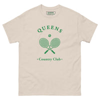 Queens Country Club T-shirt with green graphic of crossed tennis rackets and ball. Vintage-inspired tennis streetwear celebrating Queens, NYC sports culture and country club aesthetics