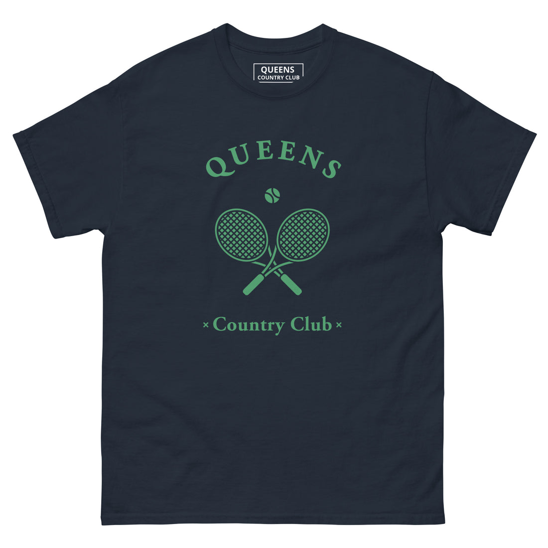 Queens Country Club T-shirt with green graphic of crossed tennis rackets and ball. Vintage-inspired tennis streetwear celebrating Queens, NYC sports culture and country club aesthetics