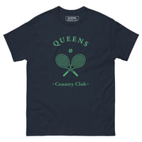 Queens Country Club T-shirt with green graphic of crossed tennis rackets and ball. Vintage-inspired tennis streetwear celebrating Queens, NYC sports culture and country club aesthetics