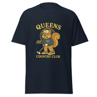 Queens Country Club Navy graphic T-shirt featuring cartoon golf squirrel mascot 'Muni Squirrel' in retro golf outfit with QCC sweatshirt, standing in front of Unisphere. Golf streetwear inspired by NYC municipal courses