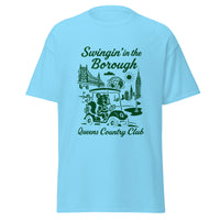 Queens Country Club T-shirt featuring vintage-style golf squirrel mascot driving a golf cart with NYC skyline, Unisphere, and Queensboro Bridge in background. Swingin' in the Borough golf streetwear for New York golfers