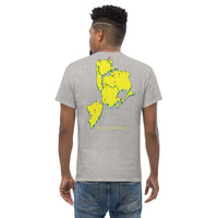 Queens Country Club T-shirt featuring minimalist front text 'Queens Country Club New York' and bold back graphic of NYC borough map with golf flags. Public golf streetwear celebrating New York City's municipal golf culture