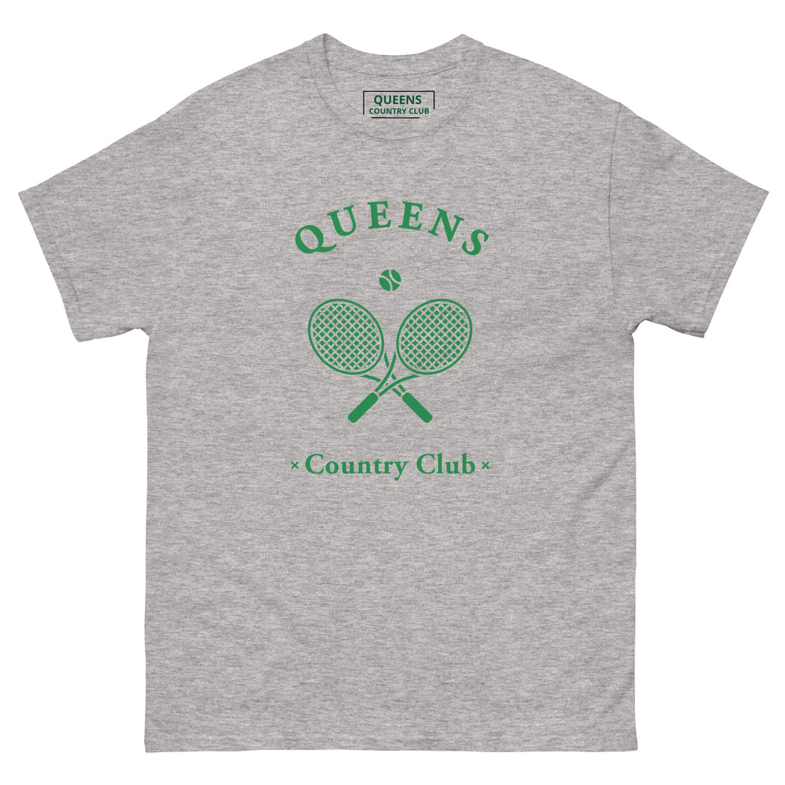 Queens Country Club T-shirt with green graphic of crossed tennis rackets and ball. Vintage-inspired tennis streetwear celebrating Queens, NYC sports culture and country club aesthetics