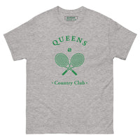 Queens Country Club T-shirt with green graphic of crossed tennis rackets and ball. Vintage-inspired tennis streetwear celebrating Queens, NYC sports culture and country club aesthetics
