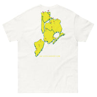 Queens Country Club T-shirt featuring minimalist front text 'Queens Country Club New York' and bold back graphic of NYC borough map with golf flags. Public golf streetwear celebrating New York City's municipal golf culture