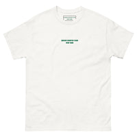 Queens Country Club T-shirt featuring minimalist front text 'Queens Country Club New York' and bold back graphic of NYC borough map with golf flags. Public golf streetwear celebrating New York City's municipal golf culture