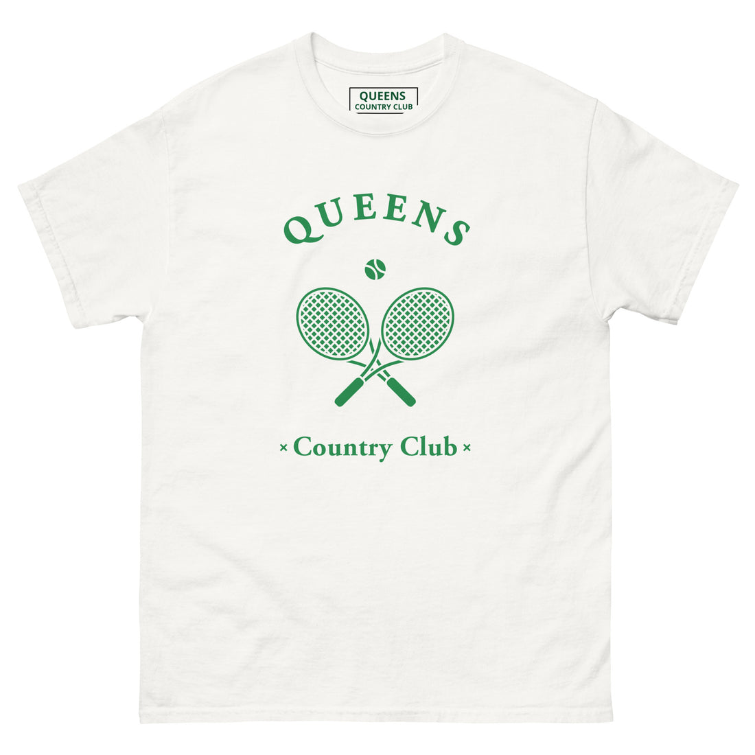 Queens Country Club T-shirt with green graphic of crossed tennis rackets and ball. Vintage-inspired tennis streetwear celebrating Queens, NYC sports culture and country club aesthetics
