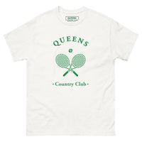 Queens Country Club T-shirt with green graphic of crossed tennis rackets and ball. Vintage-inspired tennis streetwear celebrating Queens, NYC sports culture and country club aesthetics
