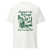 Queens Country Club T-shirt featuring vintage-style golf squirrel mascot driving a golf cart with NYC skyline, Unisphere, and Queensboro Bridge in background. Swingin' in the Borough golf streetwear for New York golfers