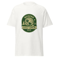 White unisex T-shirt featuring a vintage-style graphic for the "Queens Golf Open 2025." The design includes the Unisphere at the center, surrounded by silhouettes of iconic NYC buildings, a golf ball, and a flagstick. The text "QUEENS GOLF OPEN 2025" is prominently displayed in cream and green tones within a badge-like emblem.