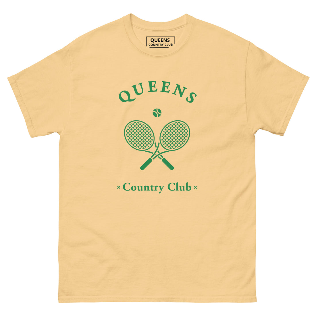 Queens Country Club T-shirt with green graphic of crossed tennis rackets and ball. Vintage-inspired tennis streetwear celebrating Queens, NYC sports culture and country club aesthetics