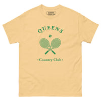 Queens Country Club T-shirt with green graphic of crossed tennis rackets and ball. Vintage-inspired tennis streetwear celebrating Queens, NYC sports culture and country club aesthetics