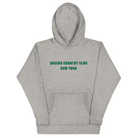hoodie with green 'Queens Country Club New York' text on front Minimalist NYC golf streetwear inspired by borough pride and classic athletic aesthetics. Back of hoodie featuring bold yellow map of New York City’s five boroughs with red golf flags and the tagline 'The City’s Country Club.' Unique public golf-inspired streetwear celebrating NYC municipal golf culture