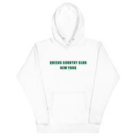 hoodie with green 'Queens Country Club New York' text on front Minimalist NYC golf streetwear inspired by borough pride and classic athletic aesthetics. Back of hoodie featuring bold yellow map of New York City’s five boroughs with red golf flags and the tagline 'The City’s Country Club.' Unique public golf-inspired streetwear celebrating NYC municipal golf culture