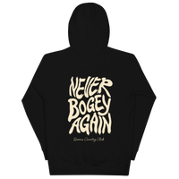 Black QCC No More Bogey Hoodie with cream “Never Bogey Again” lettering — back view with large graphic print, Queens Country Club.