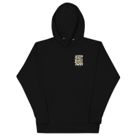 Black QCC No More Bogey Hoodie with cream “Never Bogey Again” lettering — front view with small left-chest print, Queens Country Club.