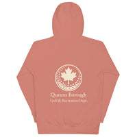 Queens Country Club hoodie featuring cream “Queens Borough Golf & Recreation Dept.” back graphic and small QCC logo on front chest.