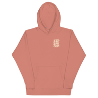 Dusty Rose QCC No More Bogey Hoodie with cream “Never Bogey Again” lettering — front view with small left-chest print, Queens Country Club.