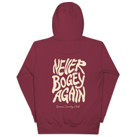 Maroon QCC No More Bogey Hoodie with cream “Never Bogey Again” lettering — back view with large graphic print, Queens Country Club.