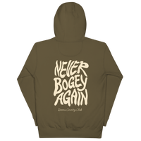 Military Green QCC No More Bogey Hoodie with cream “Never Bogey Again” lettering — back view with large graphic print, Queens Country Club.