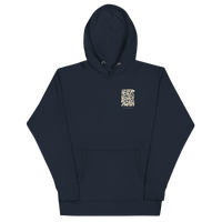 Navy Blazer QCC No More Bogey Hoodie with cream “Never Bogey Again” lettering — front view with small left-chest print, Queens Country Club.