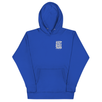 Team Royal QCC No More Bogey Hoodie with cream “Never Bogey Again” lettering — front view with small left-chest print, Queens Country Club.