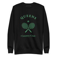 Queens Country Club crewneck sweatshirt with green graphic of crossed tennis rackets and ball. Vintage-inspired NYC tennis streetwear blending classic country club style with Queens sports culture