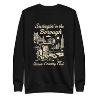 Black Queens Country Club sweatshirt with cream graphic showing a squirrel driving a golf cart, Queensboro Bridge, Unisphere, and NYC skyline; text reads “Swingin’ in the Borough – Queens Country Club.”