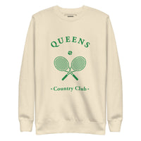 Queens Country Club crewneck sweatshirt with green graphic of crossed tennis rackets and ball. Vintage-inspired NYC tennis streetwear blending classic country club style with Queens sports culture