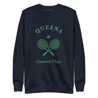 Queens Country Club crewneck sweatshirt with green graphic of crossed tennis rackets and ball. Vintage-inspired NYC tennis streetwear blending classic country club style with Queens sports culture