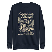 Black Queens Country Club sweatshirt with cream graphic showing a squirrel driving a golf cart, Queensboro Bridge, Unisphere, and NYC skyline; text reads “Swingin’ in the Borough – Queens Country Club.”