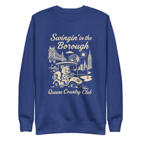 Black Queens Country Club sweatshirt with cream graphic showing a squirrel driving a golf cart, Queensboro Bridge, Unisphere, and NYC skyline; text reads “Swingin’ in the Borough – Queens Country Club.”