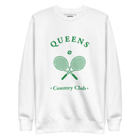 Queens Country Club crewneck sweatshirt with green graphic of crossed tennis rackets and ball. Vintage-inspired NYC tennis streetwear blending classic country club style with Queens sports culture