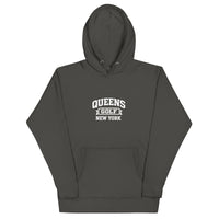 Queens Country Club Queens Golf New York collegiate hoodie with varsity-style golf graphic on front