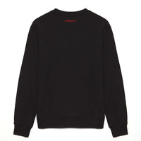 Close-up of red “QUEENS C.C. NY” embroidery on the back neck of a black sweatshirt.