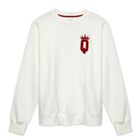 Ivory crewneck sweatshirt with red chenille "Q" and crown patch on the left chest, representing Queens Country Club.